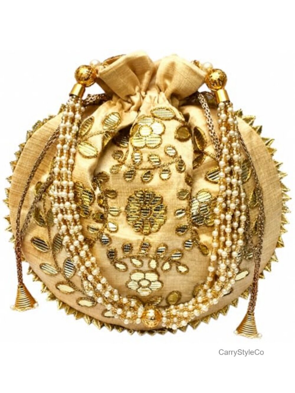Embroidered Silk Potli Wristlet Clutch with Pearl Handle Drawstring